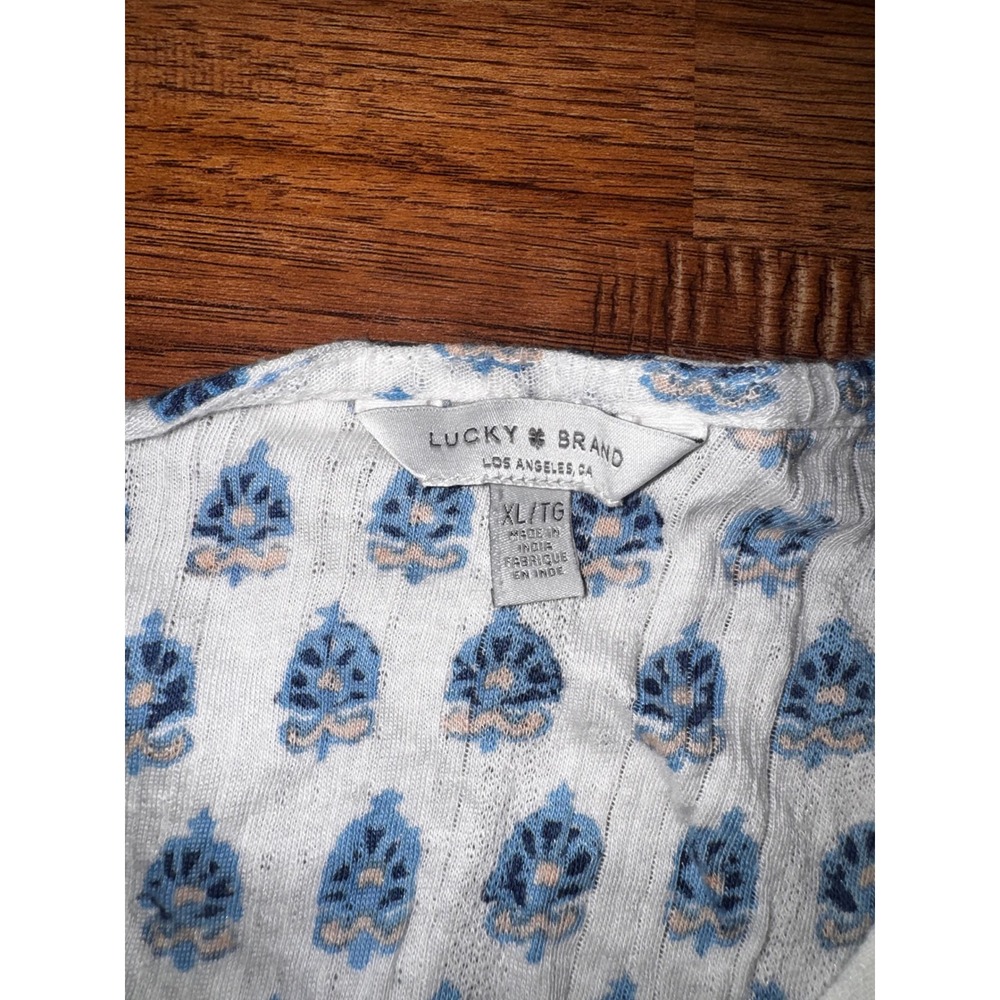 Lucky Brand Womens XL Blue White Block Print Henley Sleeveless Tank Top - Picture 2 of 3